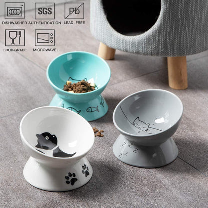 Ceramic Raised Cat Bowls, Slanted Cat Dish Food or Water Bowls, Elevated Porcelain Pet Feeder Bowl Protect Cat'S Spine, Stress Free, Backflow Prevention(Grey)