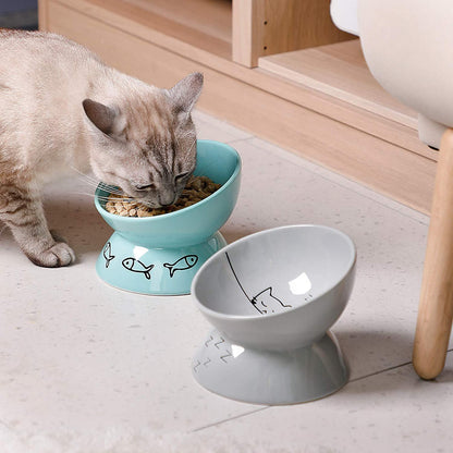 Ceramic Raised Cat Bowls, Slanted Cat Dish Food or Water Bowls, Elevated Porcelain Pet Feeder Bowl Protect Cat'S Spine, Stress Free, Backflow Prevention(Grey)