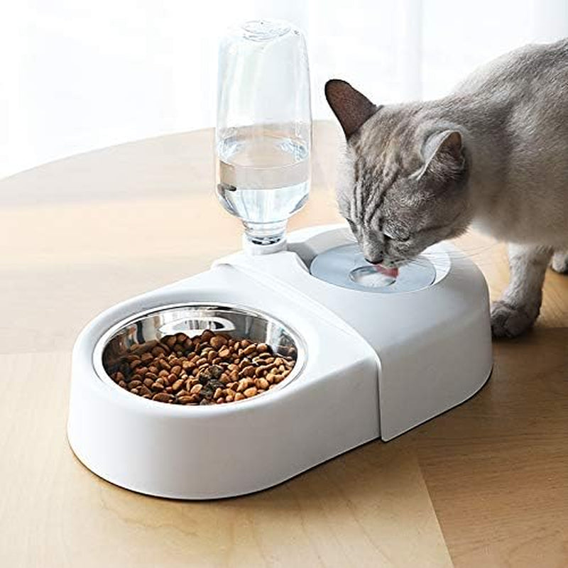 Dog Cat Food Bowls，Double Dog Bowls for Small Dogs，Automatic Drinking Water,Detachable and Stable Separation Design，Suitable for Cats/Small Dogs(White)