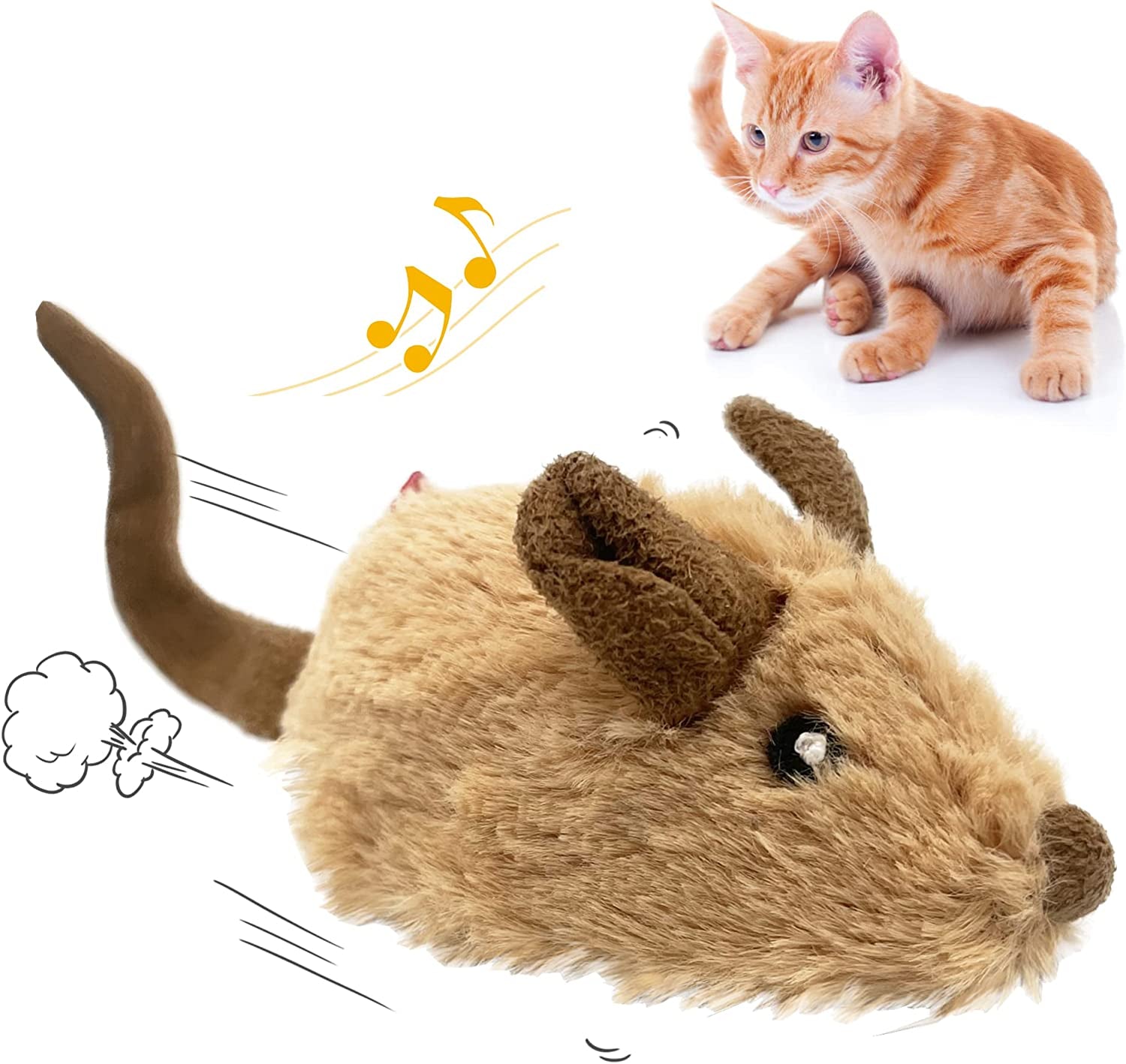 Interactive Moving Mouse Cat Toy with Realistic Squeaky Sound, Automatic Mouse Toys for Indoor Cats, Electronic Mouse Toy for Self Play & Exercise(Brown Ear)
