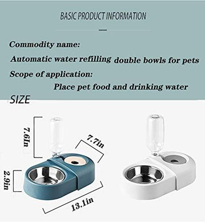 Dog Cat Food Bowls，Double Dog Bowls for Small Dogs，Automatic Drinking Water,Detachable and Stable Separation Design，Suitable for Cats/Small Dogs(White)
